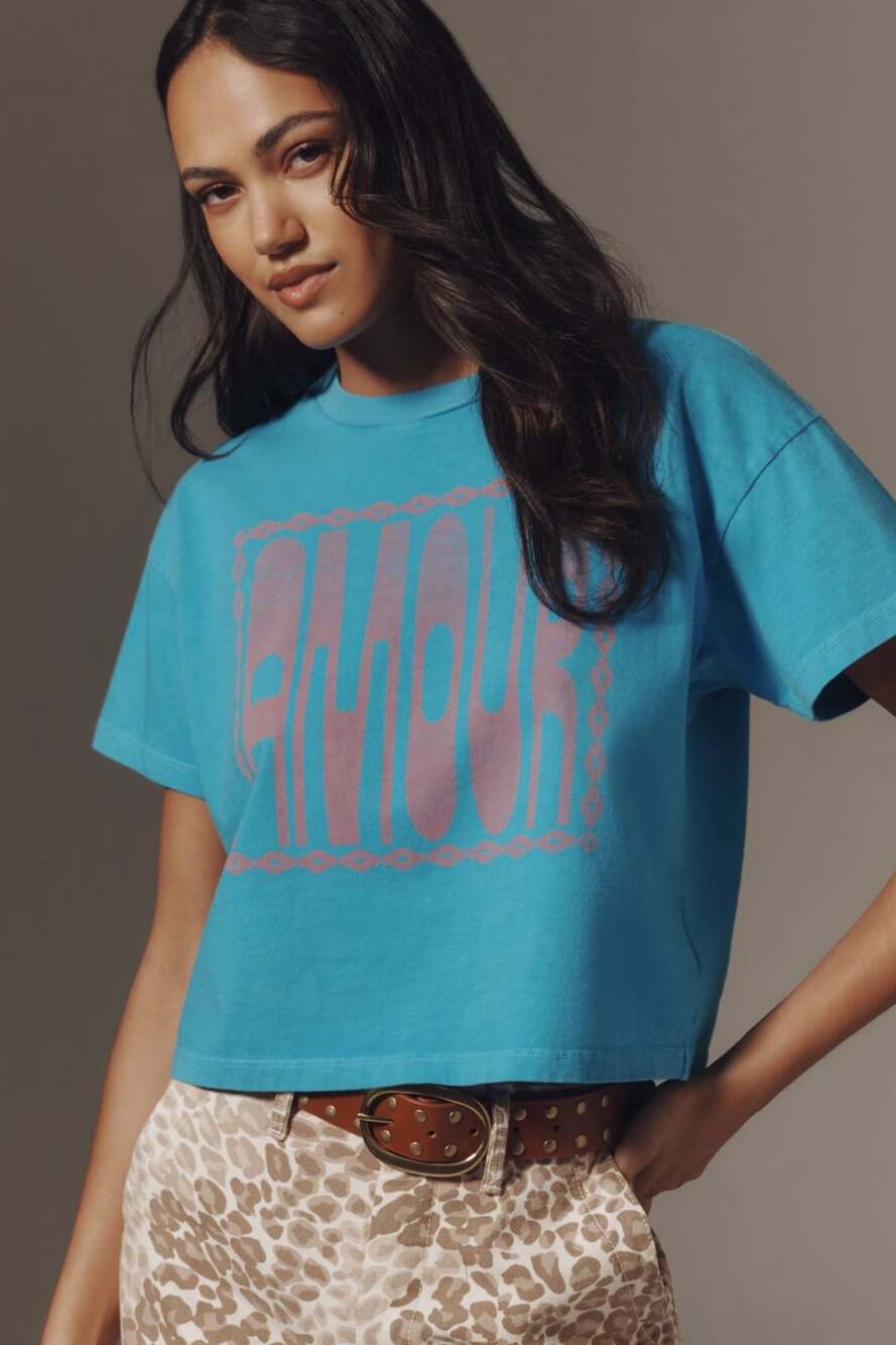 Mother The Grab Bag Crop Amour T-Shirt Size M Blue Graphic Crop Tee
